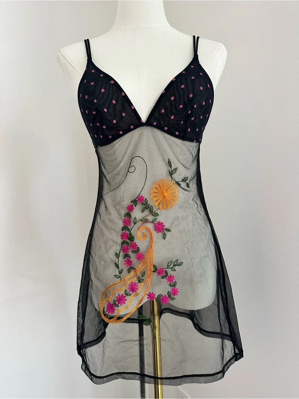 La Perla Sheer Black Embroidered Mesh Chemise with Pink Dot Cups